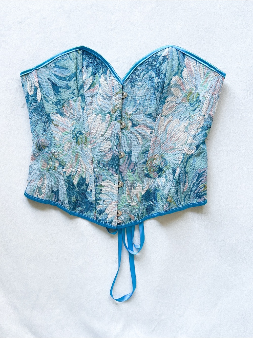 Blue Floral Brocade Strapless Corset Bustier - Medium